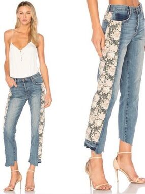 Current/Elliott Step Hem Floral Panel Jeans Women’s Size 24 Cropped Raw Hem USA